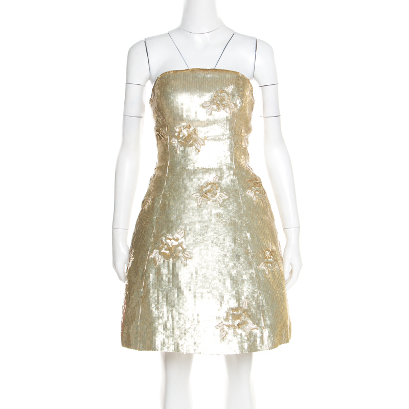 Image of Oscar de la Renta Matte Gold Sequin Embellished Strapless Mini Dress S
