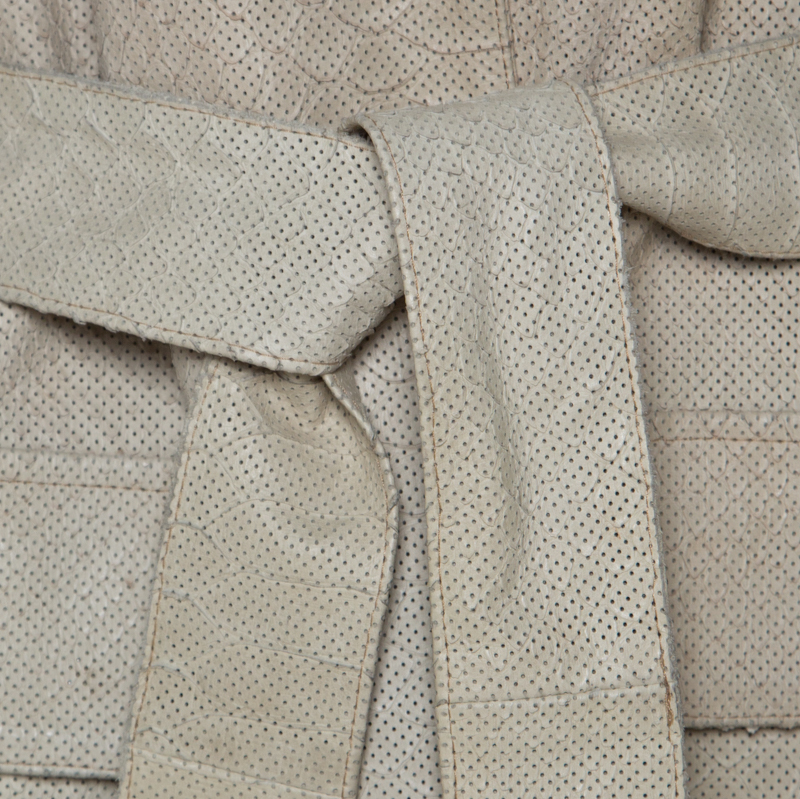 Oscar De La Renta Beige Perforated Python Embossed Leather Belted Coat L