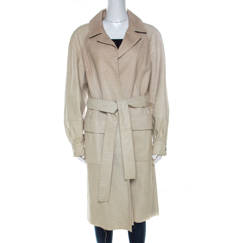 Oscar de la renta beige perforated python embossed leather belted coat l