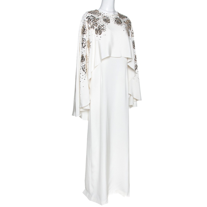 

Oscar de la Renta Ivory Silk Sequin Embellished Cape Gown, White