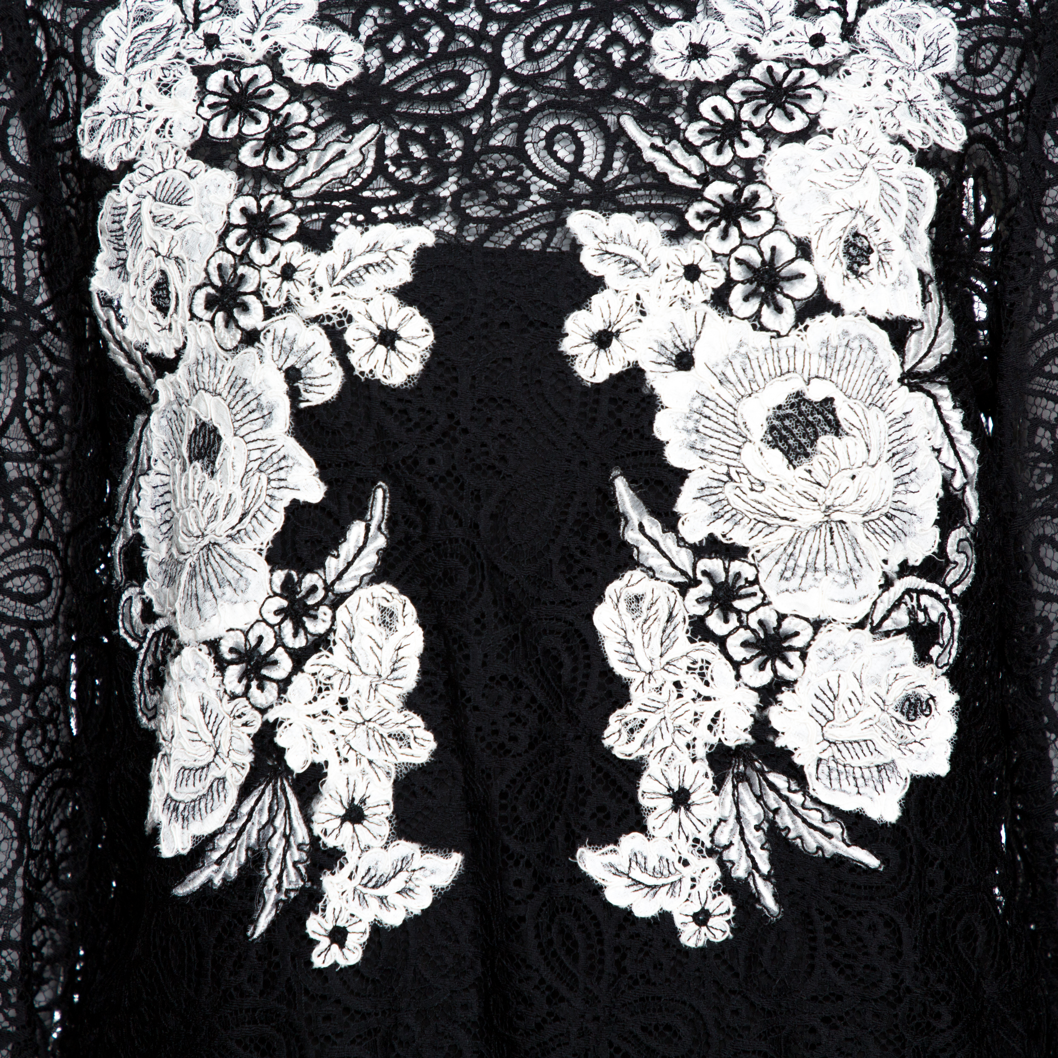 Oscar De La Renta Black & White Floral Lace Long Sleeve Blouse L