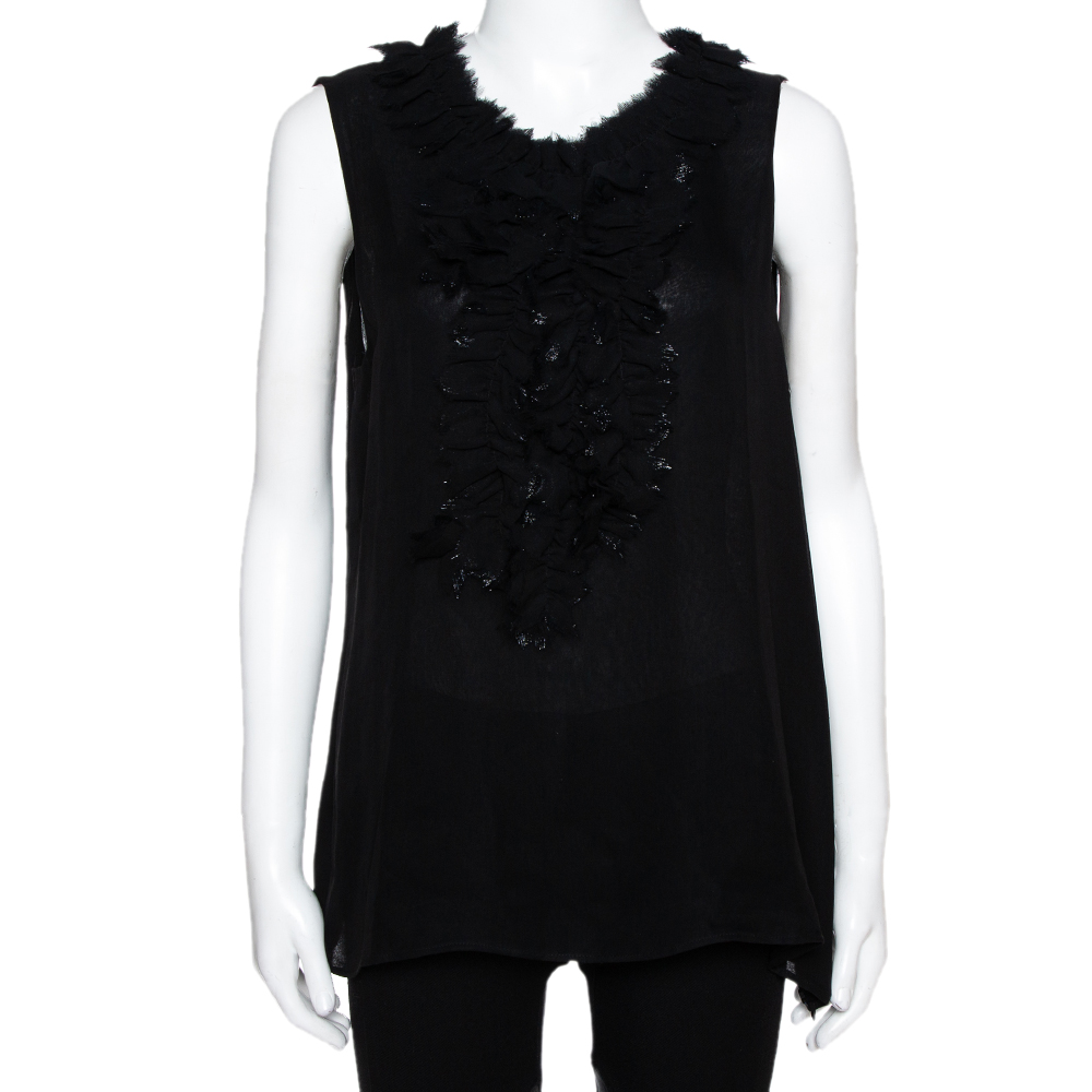 Image of Oscar de la Renta Black Silk Sleeveless Ruffled Blouse L