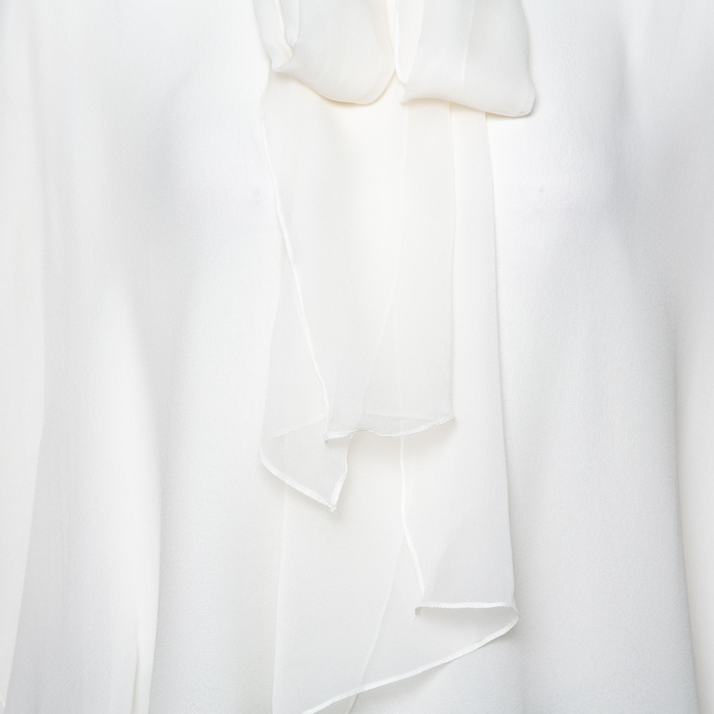 Oscar De La Renta Off White Silk Layered Tie Detail Blouse L