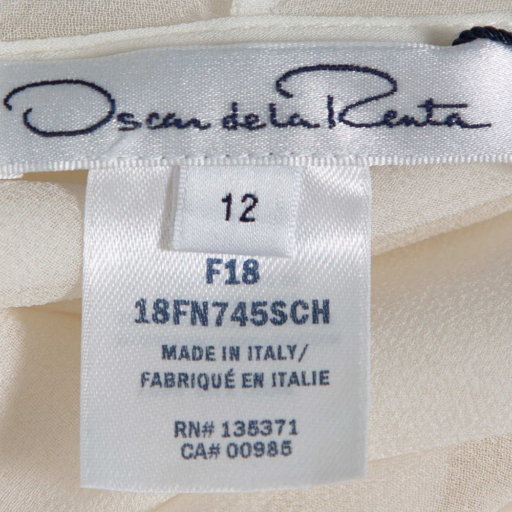 Oscar De La Renta Off White Silk Layered Tie Detail Blouse L