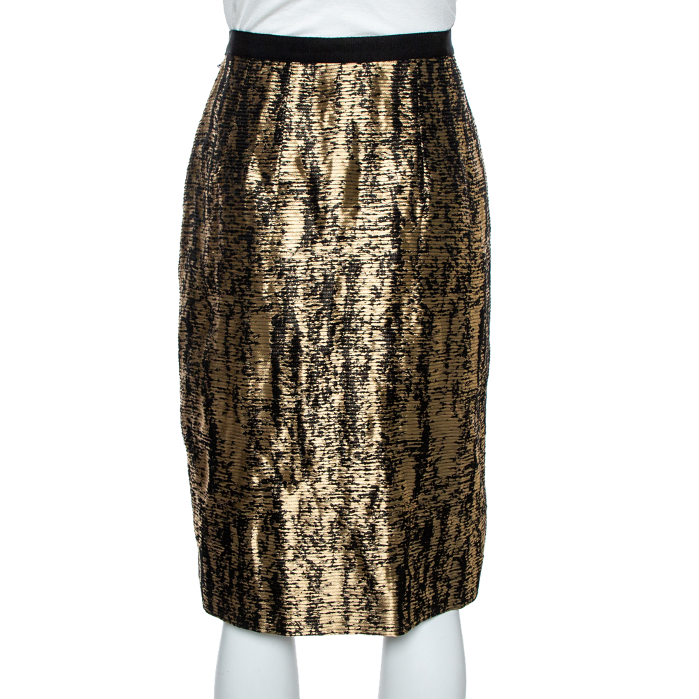 Oscar De La Renta Metallic Black/White Jacquard Knee Length Skirt M