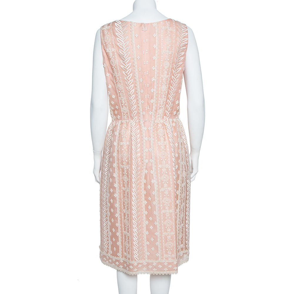 Oscar De La Renta Pale Pink Organza Silk Embroidered Sleeveless Dress XL