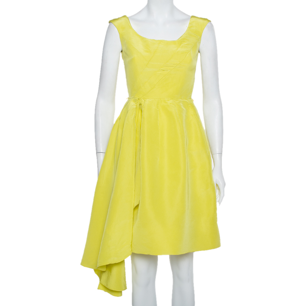 Oscar de la Renta Yellow Silk Front Drape Detail Sleeveless Midi Dress S