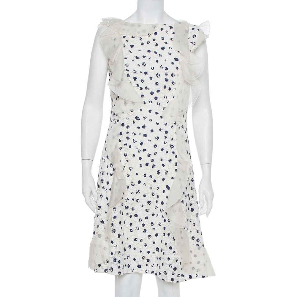 Oscar de la renta white painted effect lace ruffle detail short dress m