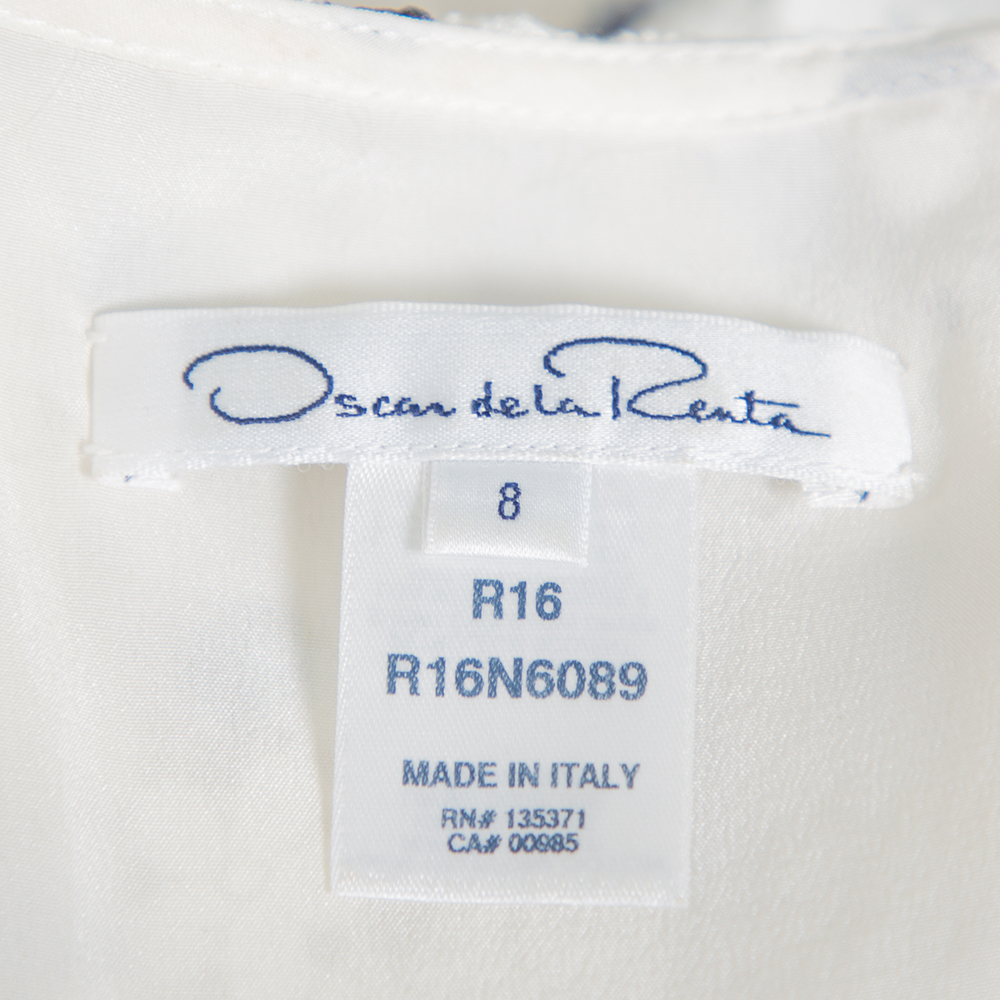 Oscar De La Renta White Painted Effect Lace Ruffle Detail Short Dress M