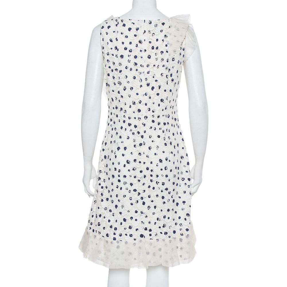 Oscar De La Renta White Painted Effect Lace Ruffle Detail Short Dress M