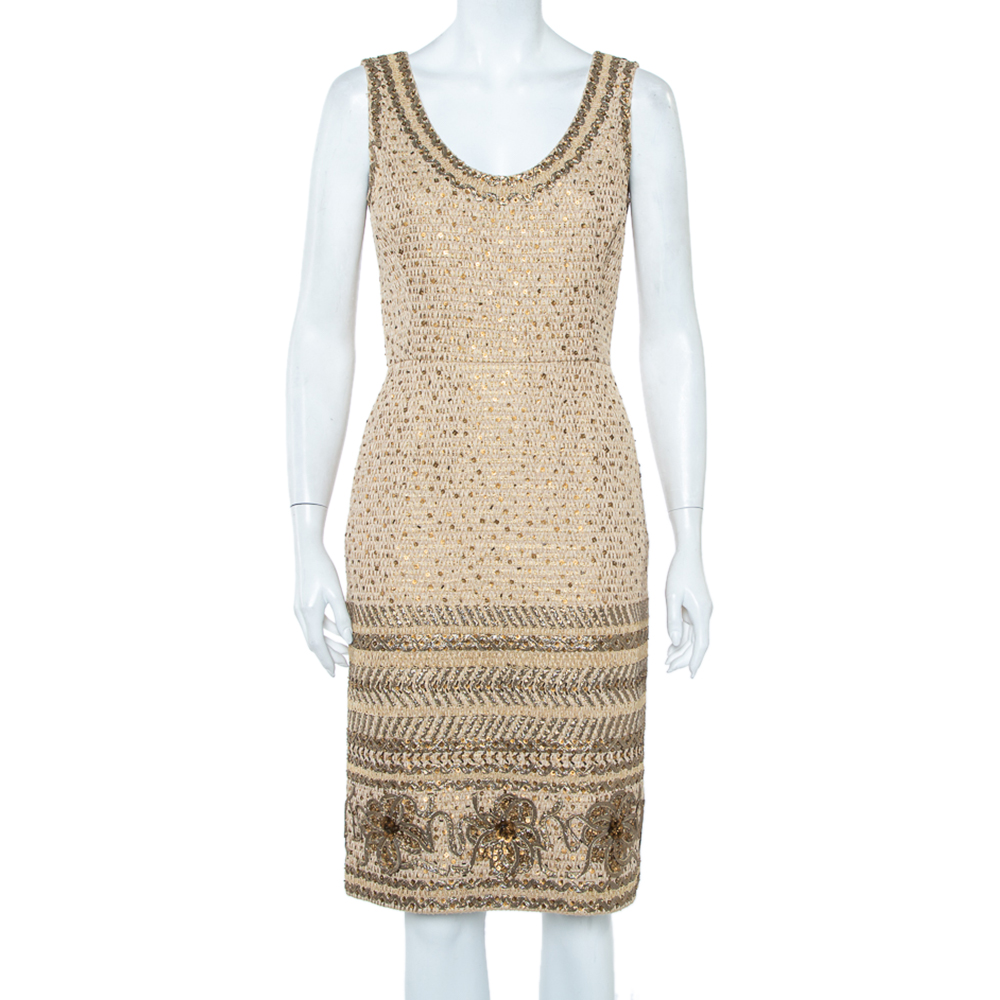 Oscar de la Renta Beige Tweed Sequin Embellished Sleeveless Sheath Dress S