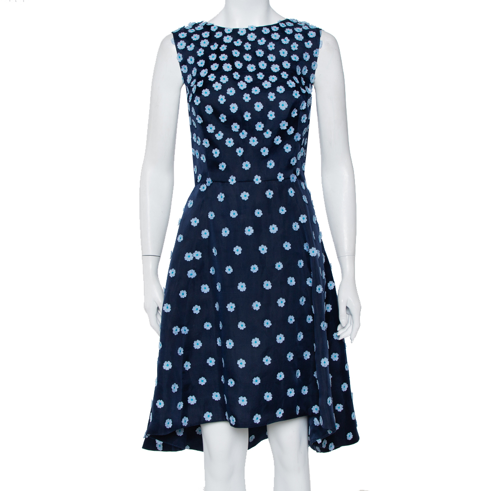 Oscar de la Renta Navy Blue Silk Floral Applique Detail Sleeveless Hi-Low Dress L