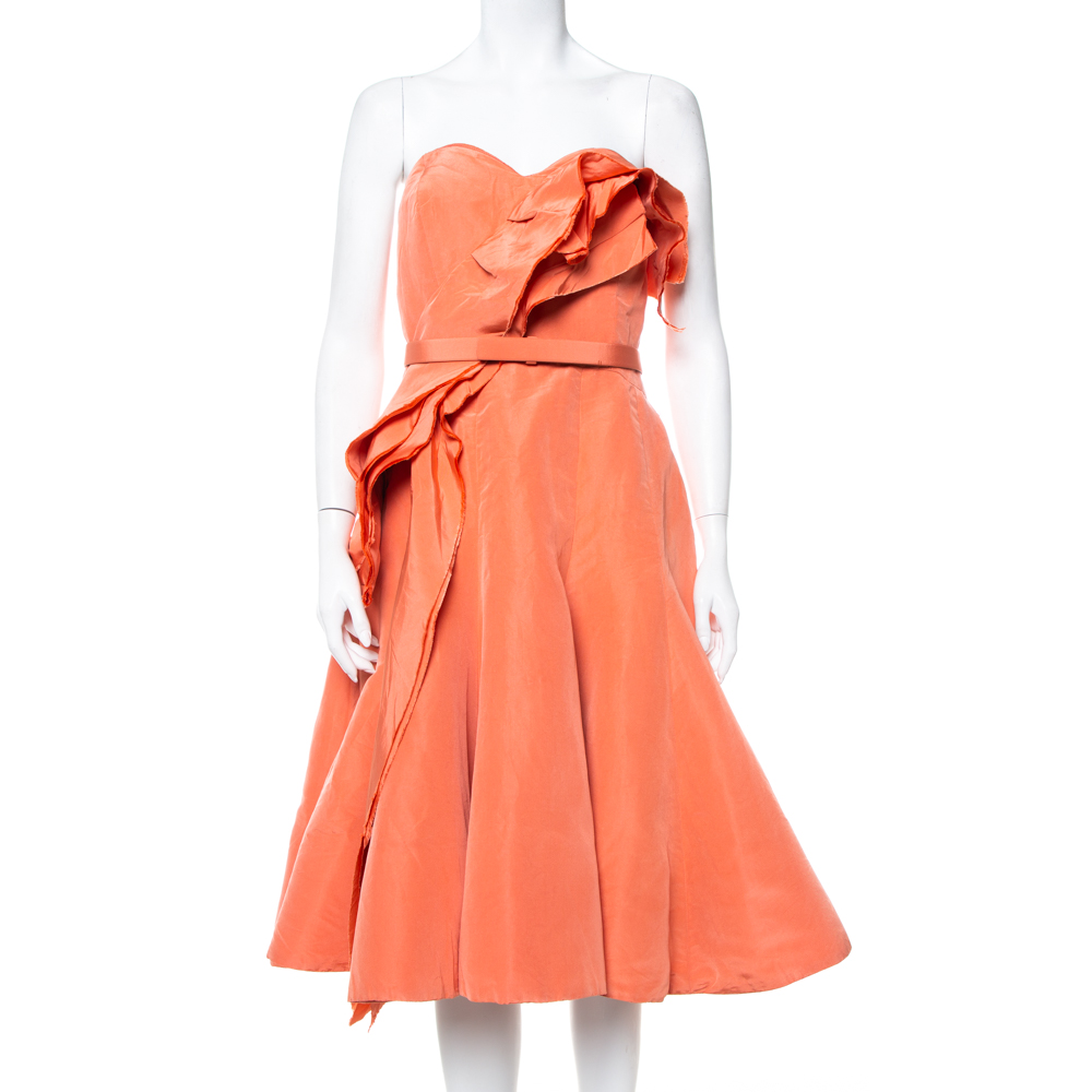 Oscar de la Renta Salmon Pink Silk Ruffle Detail Bustier Mini Dress XL