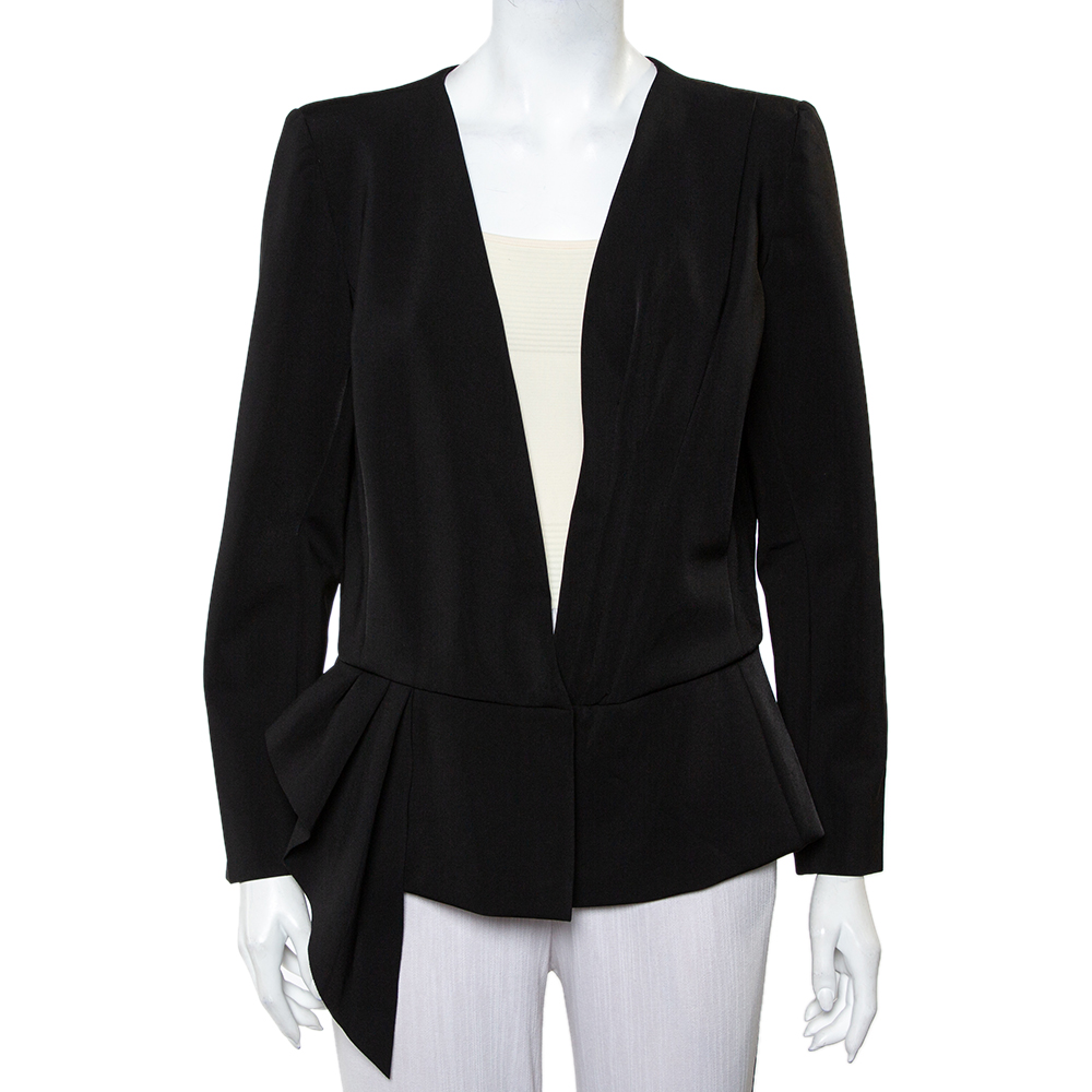 Oscar de la renta black knit draped detail collarless button front blazer xl