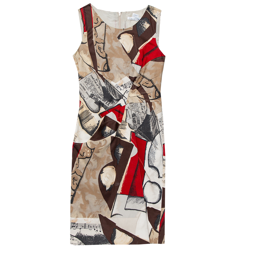 Oscar de la renta brown musical printed cotton sleeveless sheath dress s