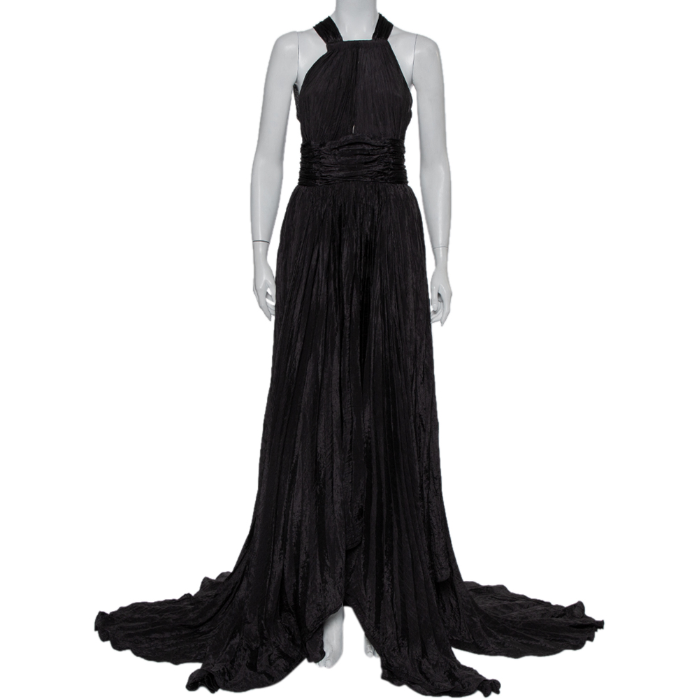 Oscar de la Renta Black Silk Plissé Asymmetrical Hem Detail Flared Gown M
