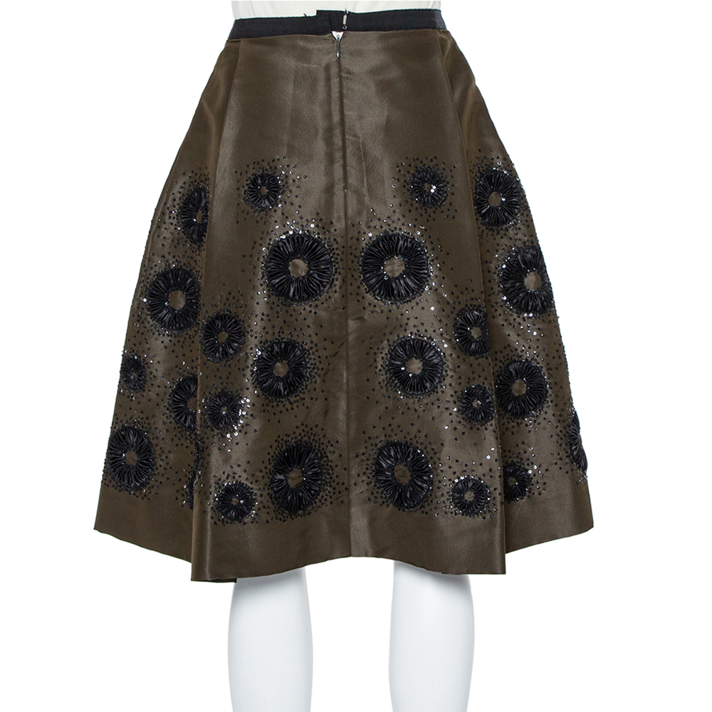 Oscar De La Renta Olive Green Silk Sequin Embellished Pleated Skirt S