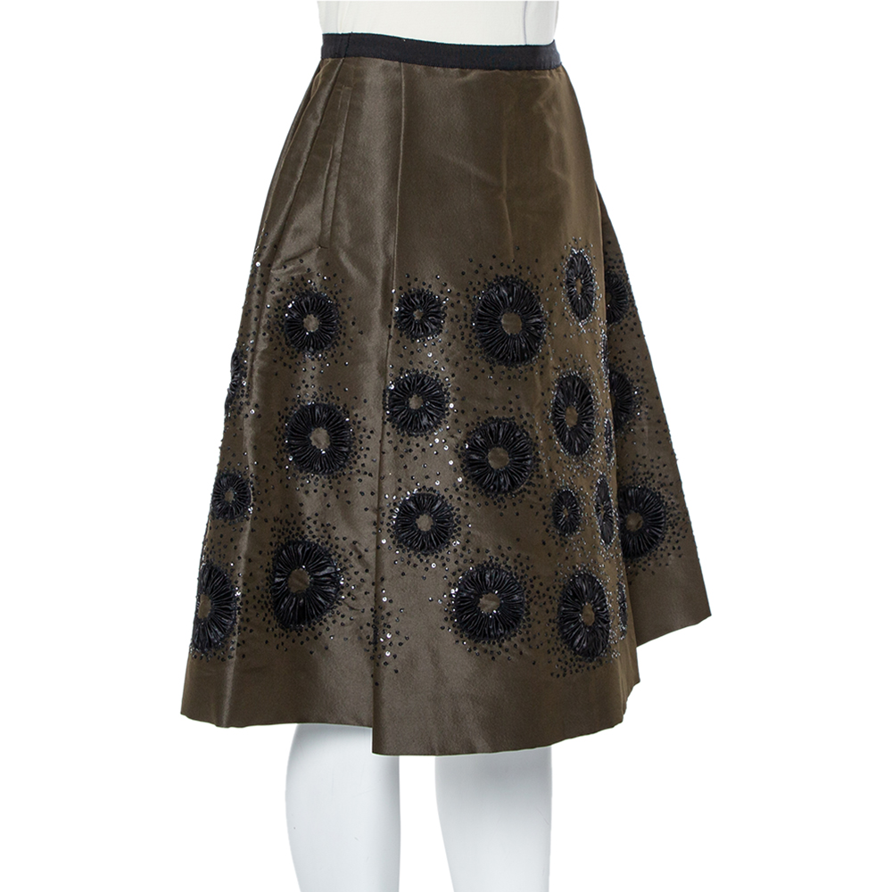 

Oscar de la Renta Olive Green Silk Sequin Embellished Pleated Skirt