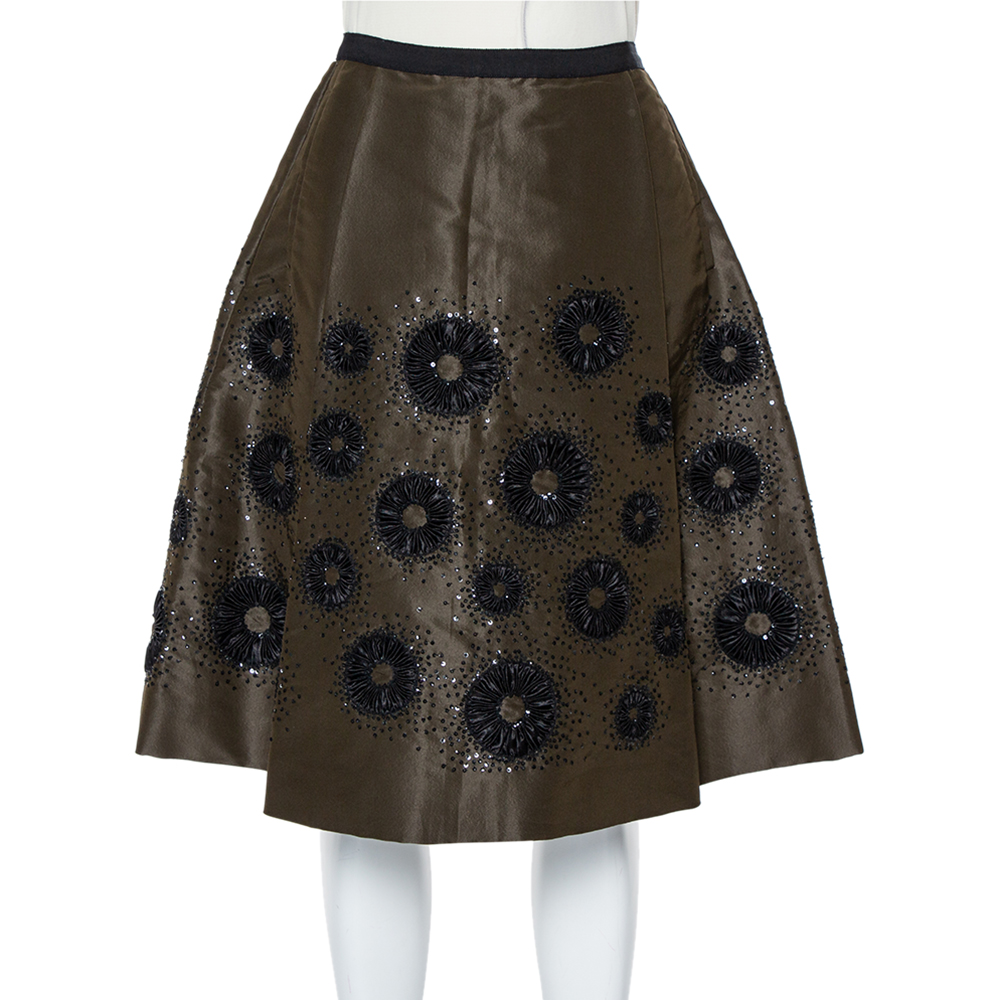 Oscar de la Renta Olive Green Silk Sequin Embellished Pleated Skirt S