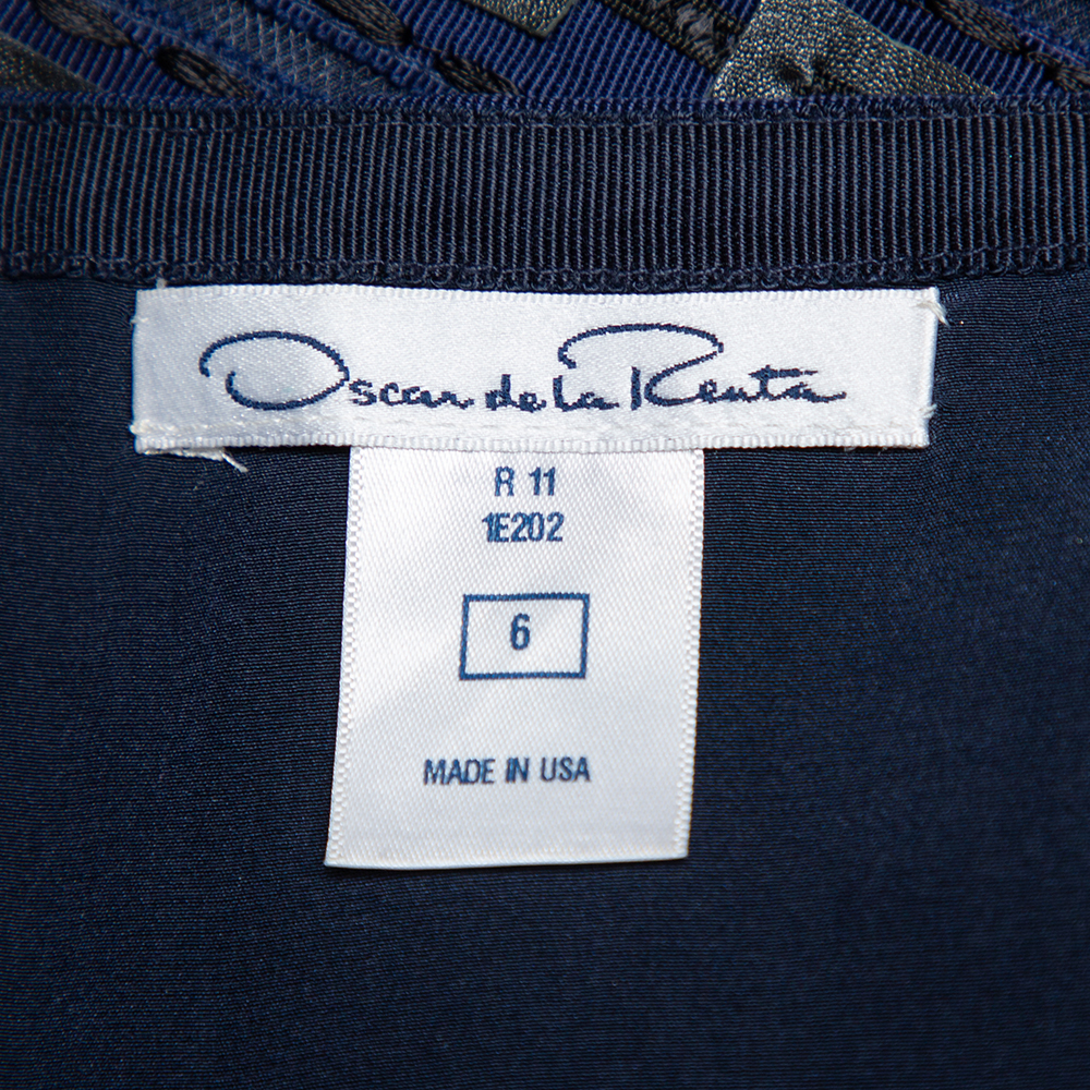 Oscar De La Renta Navy Blue Synthetic & Faux Leather Trim Pencil Skirt M