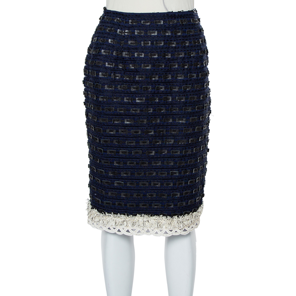 Oscar de la Renta Navy Blue Synthetic & Faux Leather Trim Pencil Skirt M