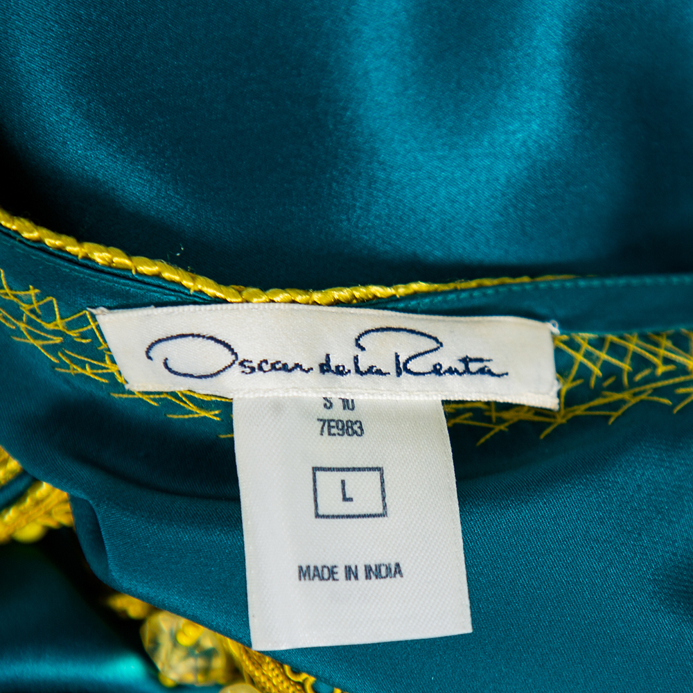 Oscar De La Renta Green Silk Satin Embellished Neck Detail Oversized Top L