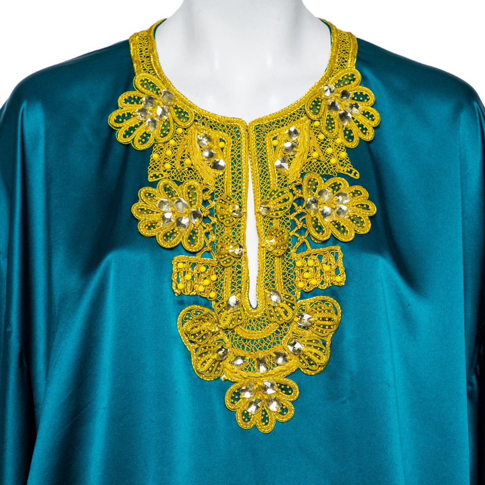 Oscar De La Renta Green Silk Satin Embellished Neck Detail Oversized Top L