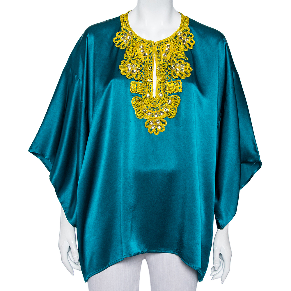 Oscar de la renta green silk satin embellished neck detail oversized top l