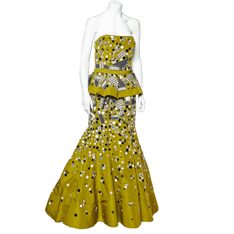 

Oscar de la Renta Olive Green Embellished Silk Belt Detail Strapless Gown