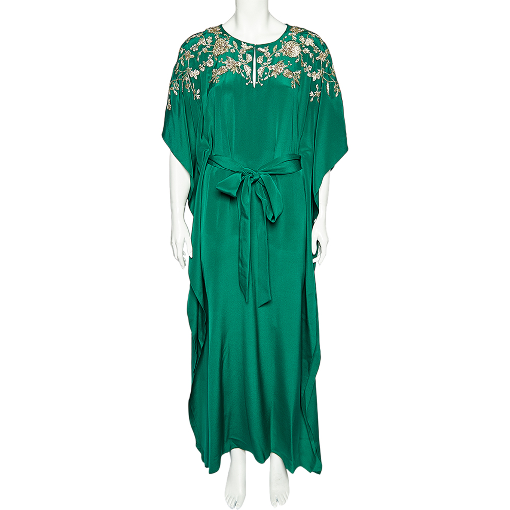 Oscar De La Renta Green Silk Embellished Belted Kaftan Dress M