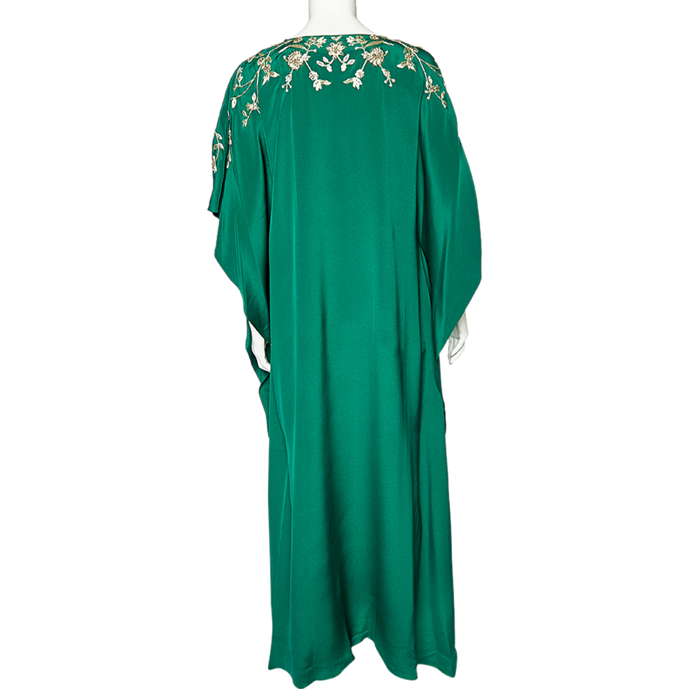 Oscar De La Renta Green Silk Embellished Belted Kaftan Dress M