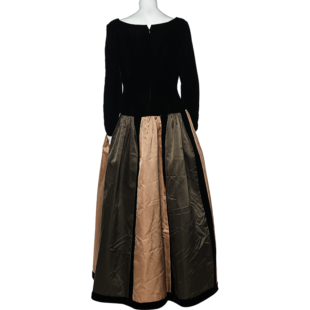 Oscar De La Renta Colorblock Silk & Velvet Long Sleeve Evening Gown L