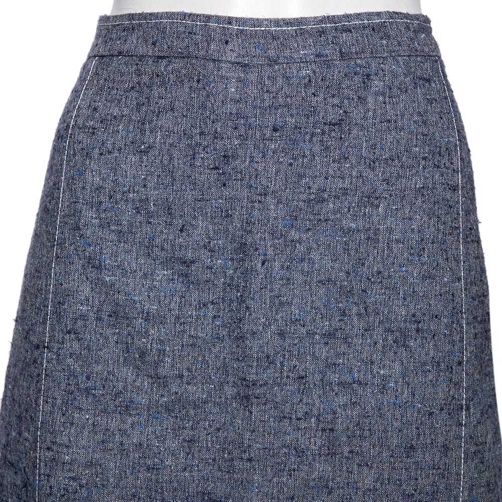 Oscar De La Renta Blue Silk & Linen Lace Trimmed Skirt MTO