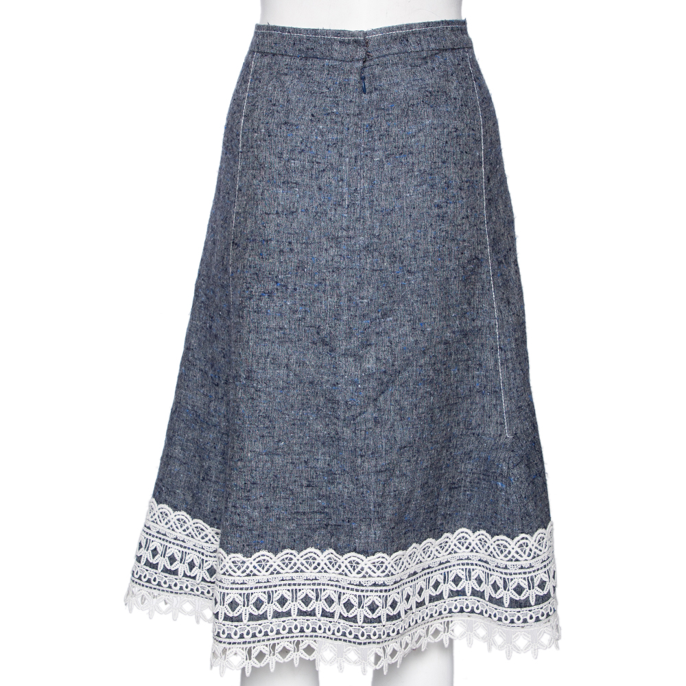 Oscar De La Renta Blue Silk & Linen Lace Trimmed Skirt MTO