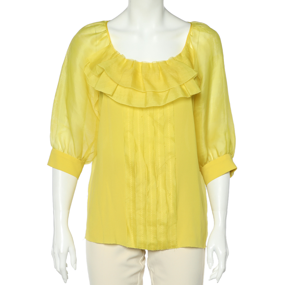 Oscar de la renta yellow silk organza ruffle detail sheer top l