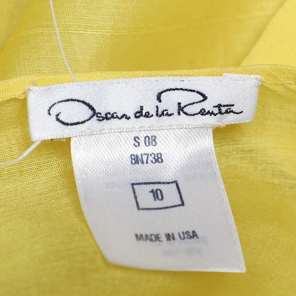 Oscar De La Renta Yellow Silk Organza Ruffle Detail Sheer Top L