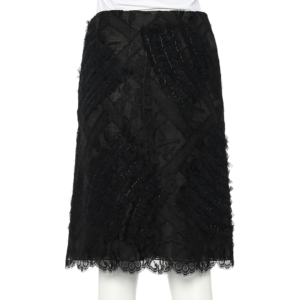 Oscar De La Renta Black Lace & Tulle Embellished Pencil Skirt S