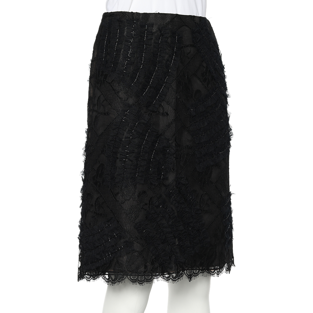 

Oscar De La Renta Black Lace & Tulle Embellished Pencil Skirt
