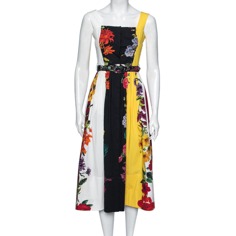 Oscar de la renta multicolor floral printed cotton pleated and button front belted midi dress xs