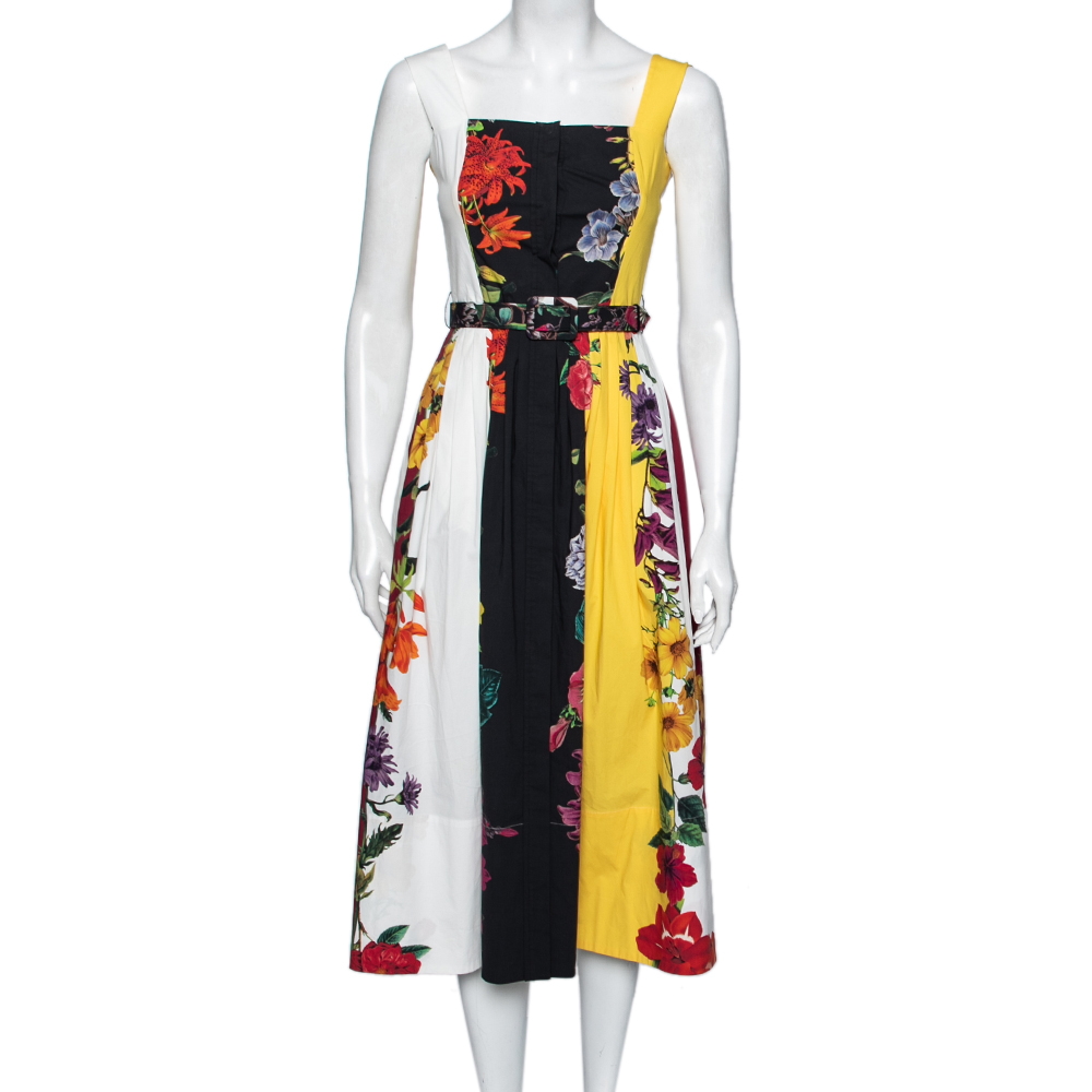 Oscar De La Renta Multicolor Floral Printed Cotton Pleated And Button Front Belted Midi Dress XS