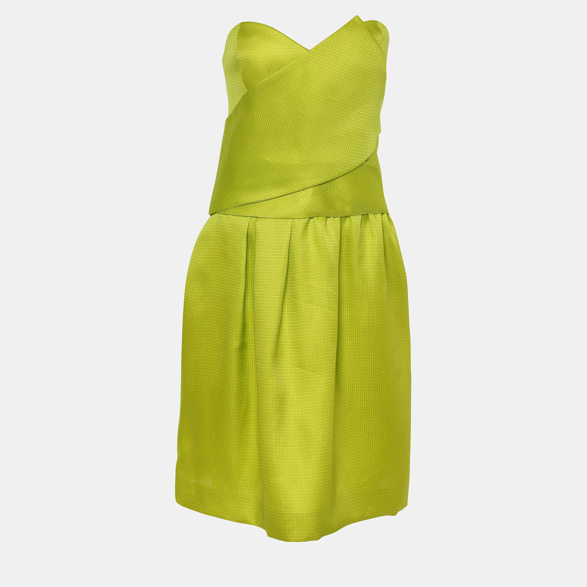 Oscar De La Renta Lime Green Silk Basket Weave Strapless Dress L