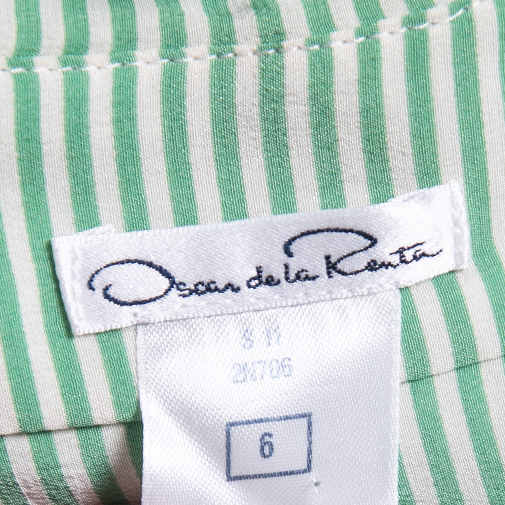 Oscar De La Renta White/Green Striped Silk Ruffled Sleeveless Top M