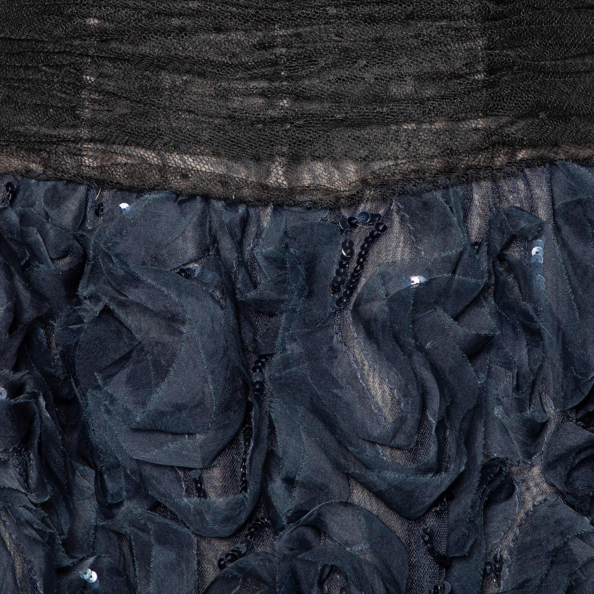 Oscar De La Renta Black Tulle & Floral Silk Sequin Embellished Mini Dress L