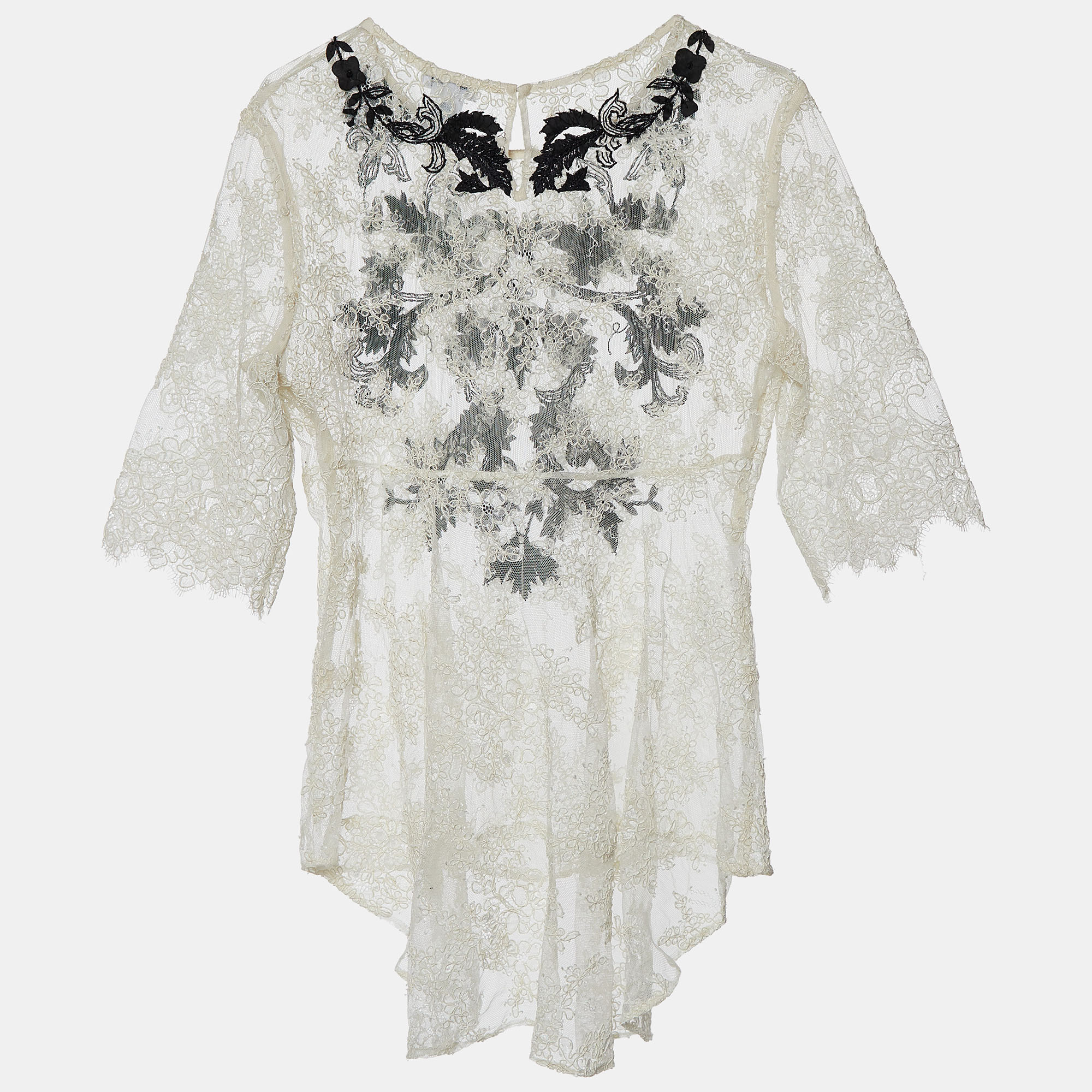 Oscar De La Renta White Lace Contrast Embroidery High Low Hem Top M