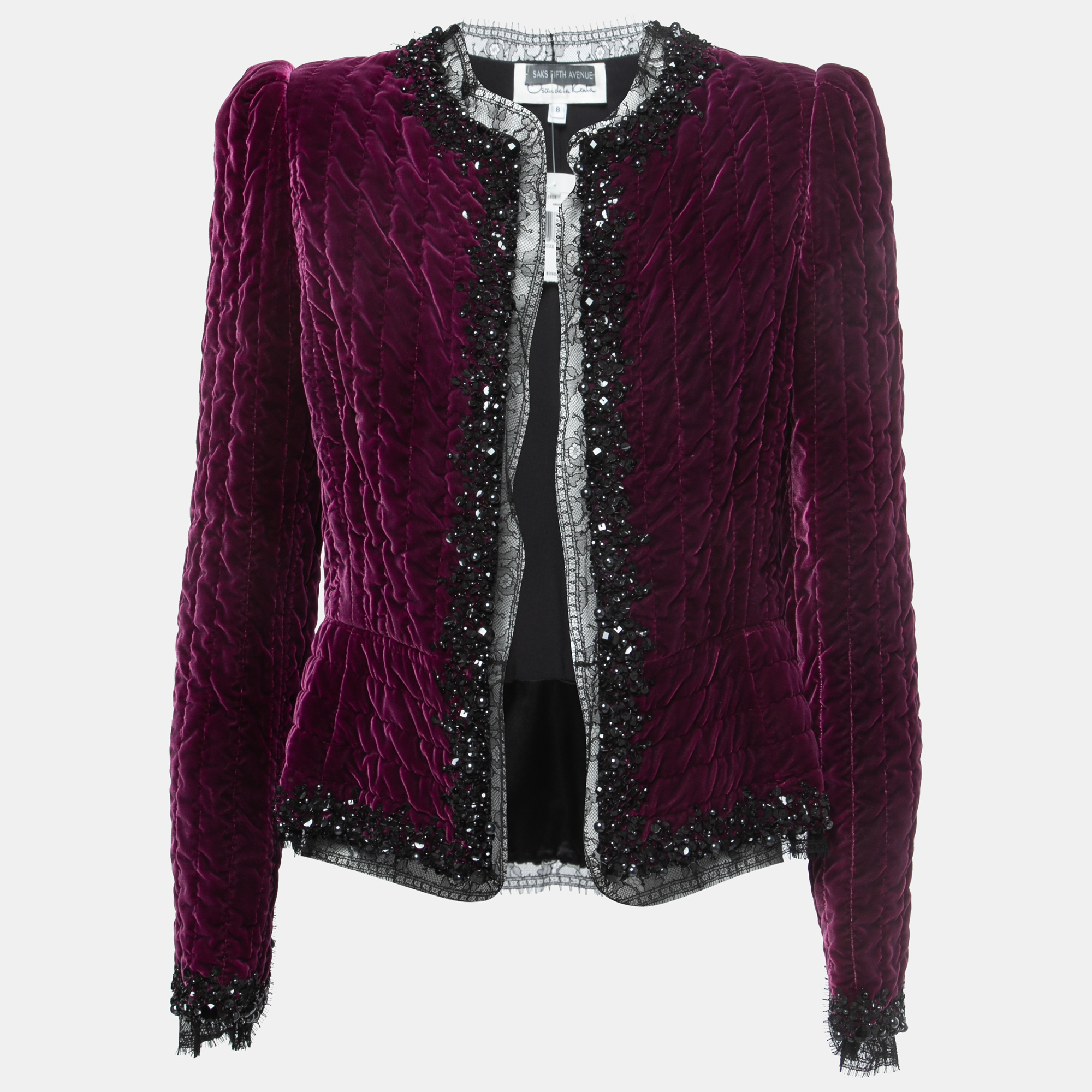 Oscar De La Renta Purple Embellished Velvet Lace Trimmed Open Front Jacket M