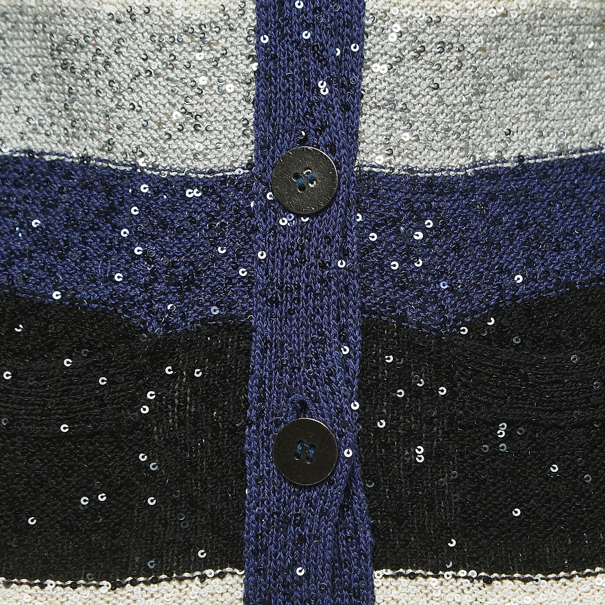 Oscar De La Renta Blue Striped Sequined Knit Buttoned Cardigan S