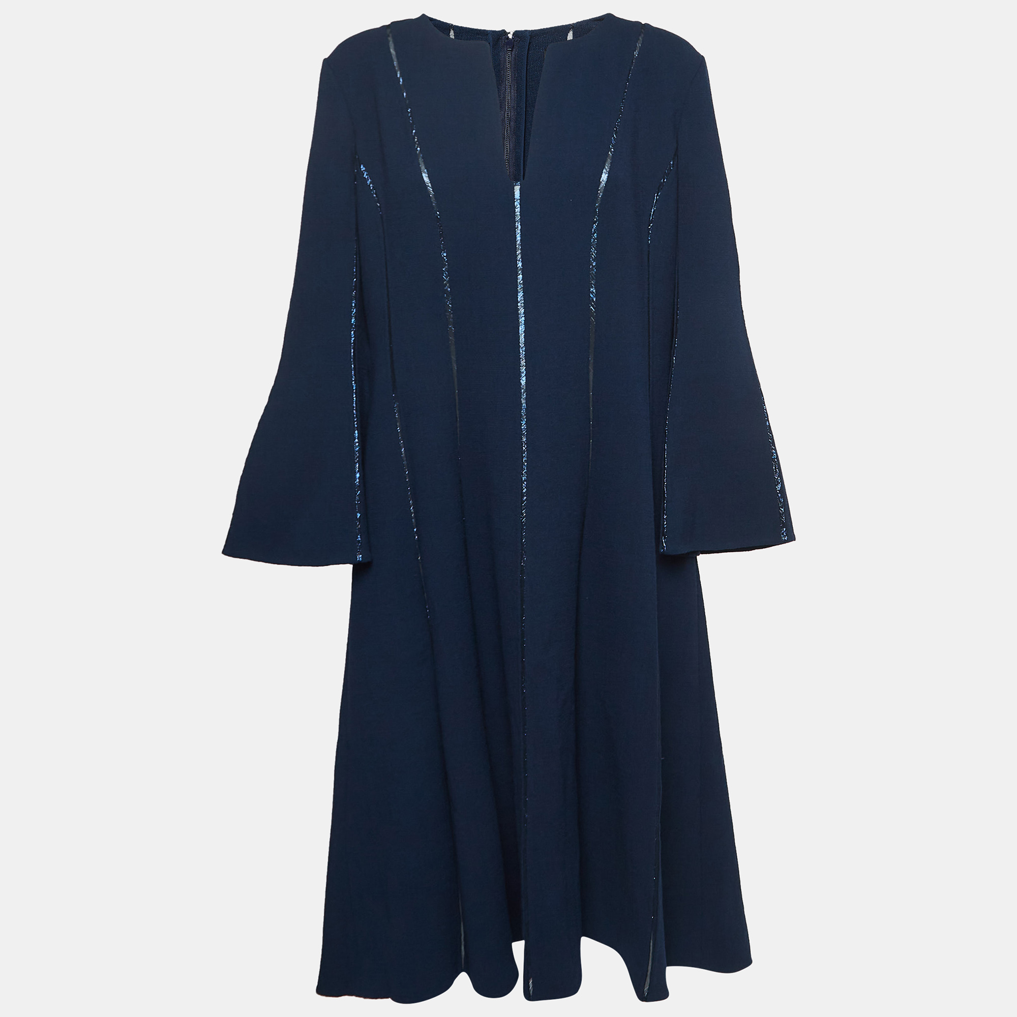 Oscar De La Renta Navy Blue Wool Metallic Trim Midi Dress XL