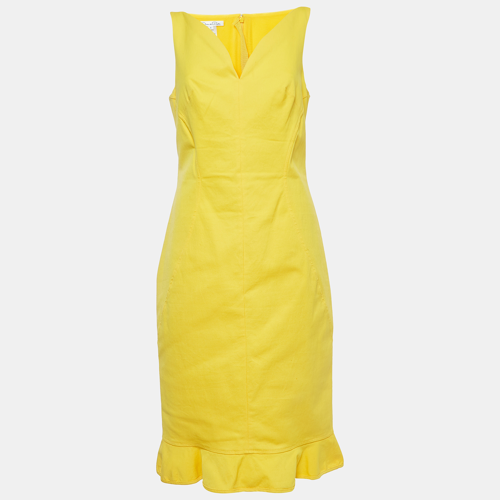 Oscar De La Renta Yellow Cotton Sleeveless Midi Dress M
