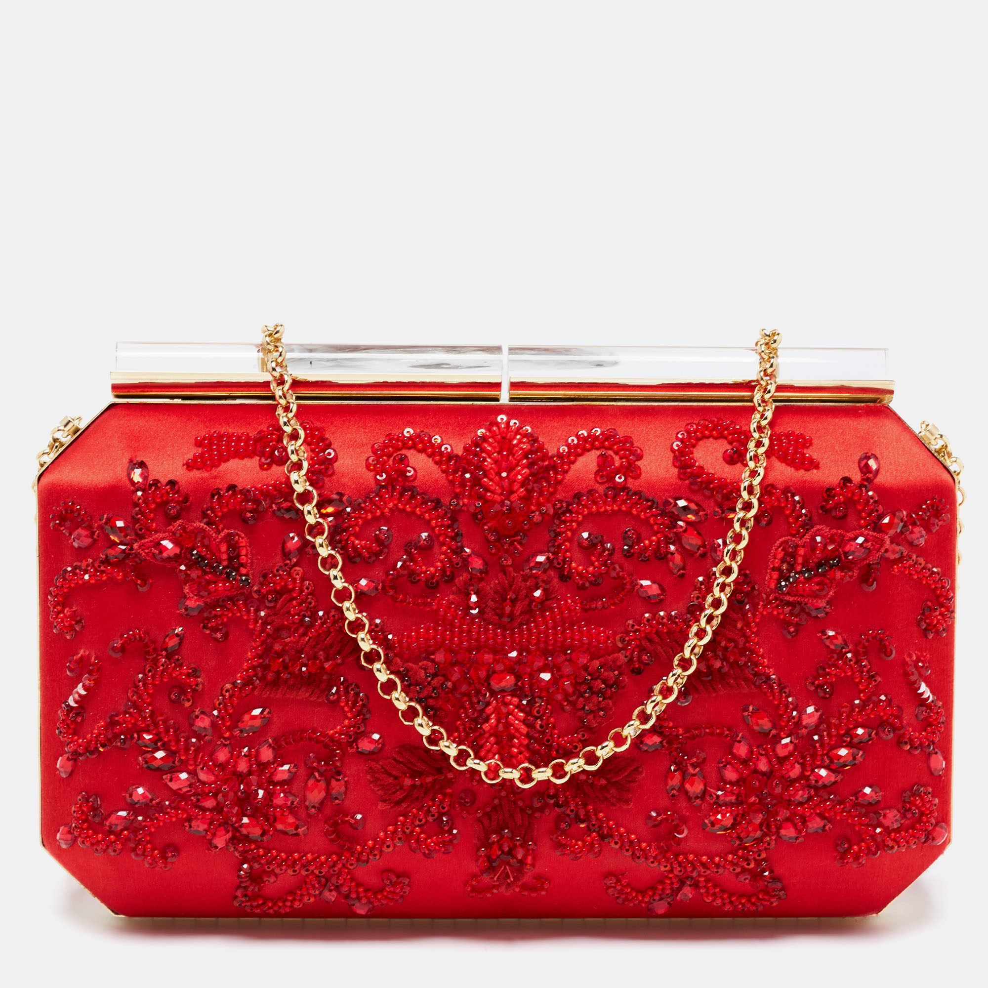 Oscar de la Renta Red Satin Saya Beads Embellished Chain Clutch
