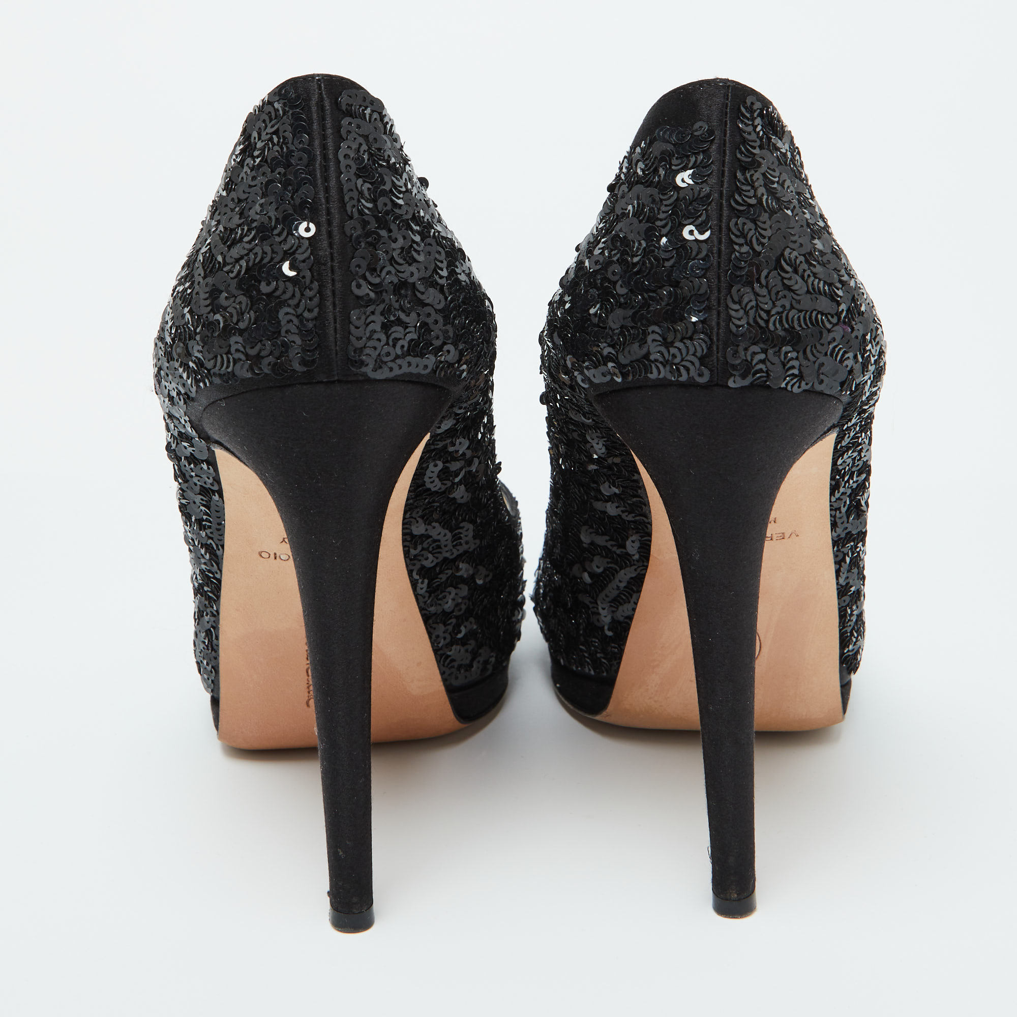 Oscar De La Renta Black Satin And Sequins Peep Toe Platform Pumps Size 38.5